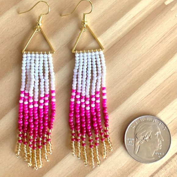 Gradient Colors Gold Triangle Body Hand Beaded Seed Bead Tassel Dangle Earrings - Picture 7 of 15